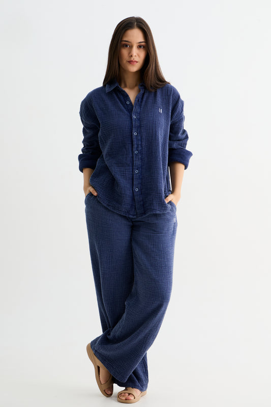 Navy Washed Gauze Cotton Pant