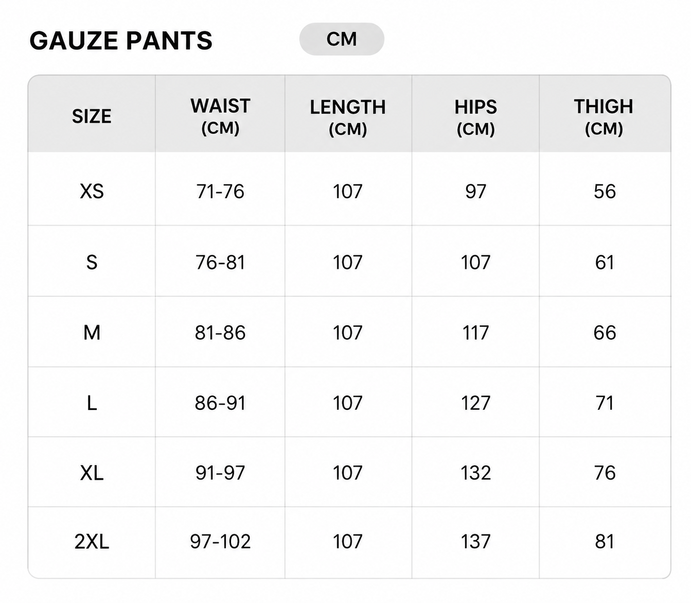 Size chart - CM