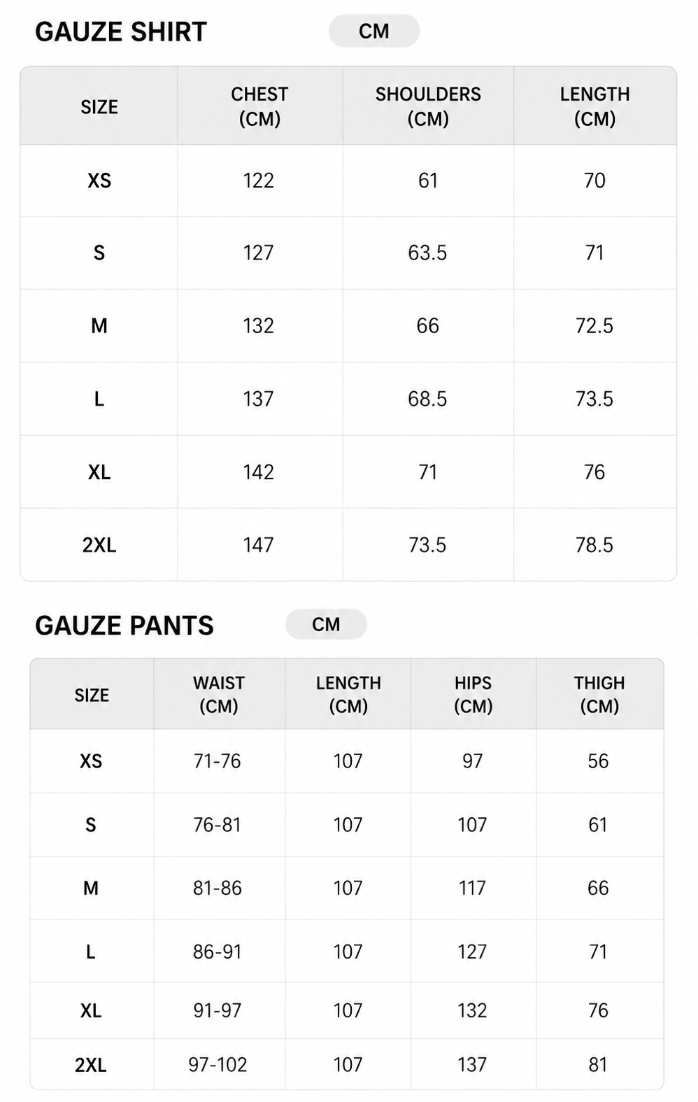 Size chart - CM