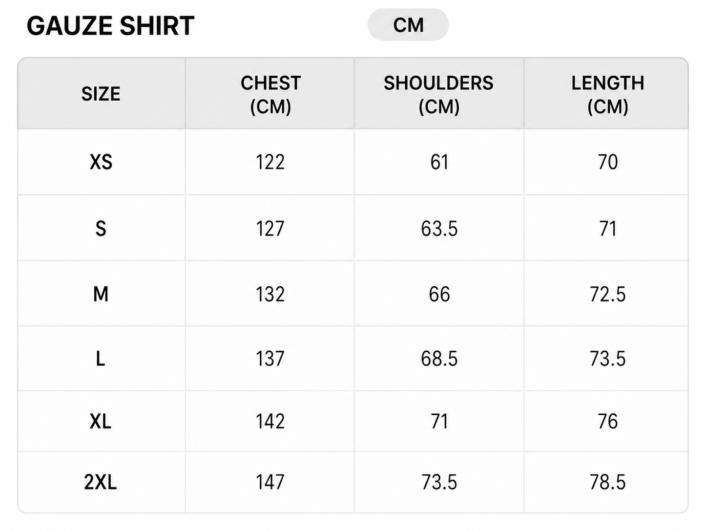 Size chart - CM