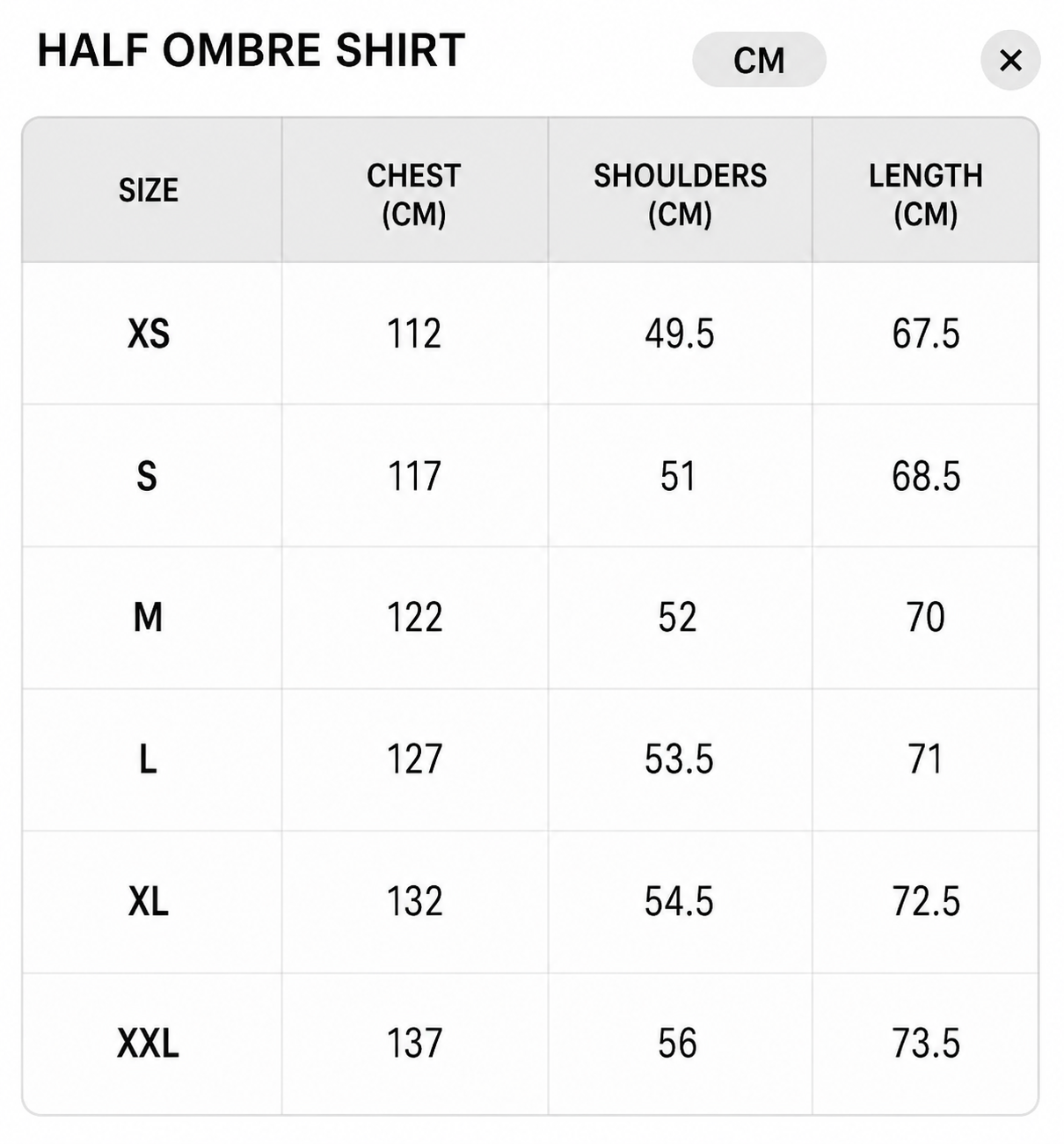 Size chart - CM