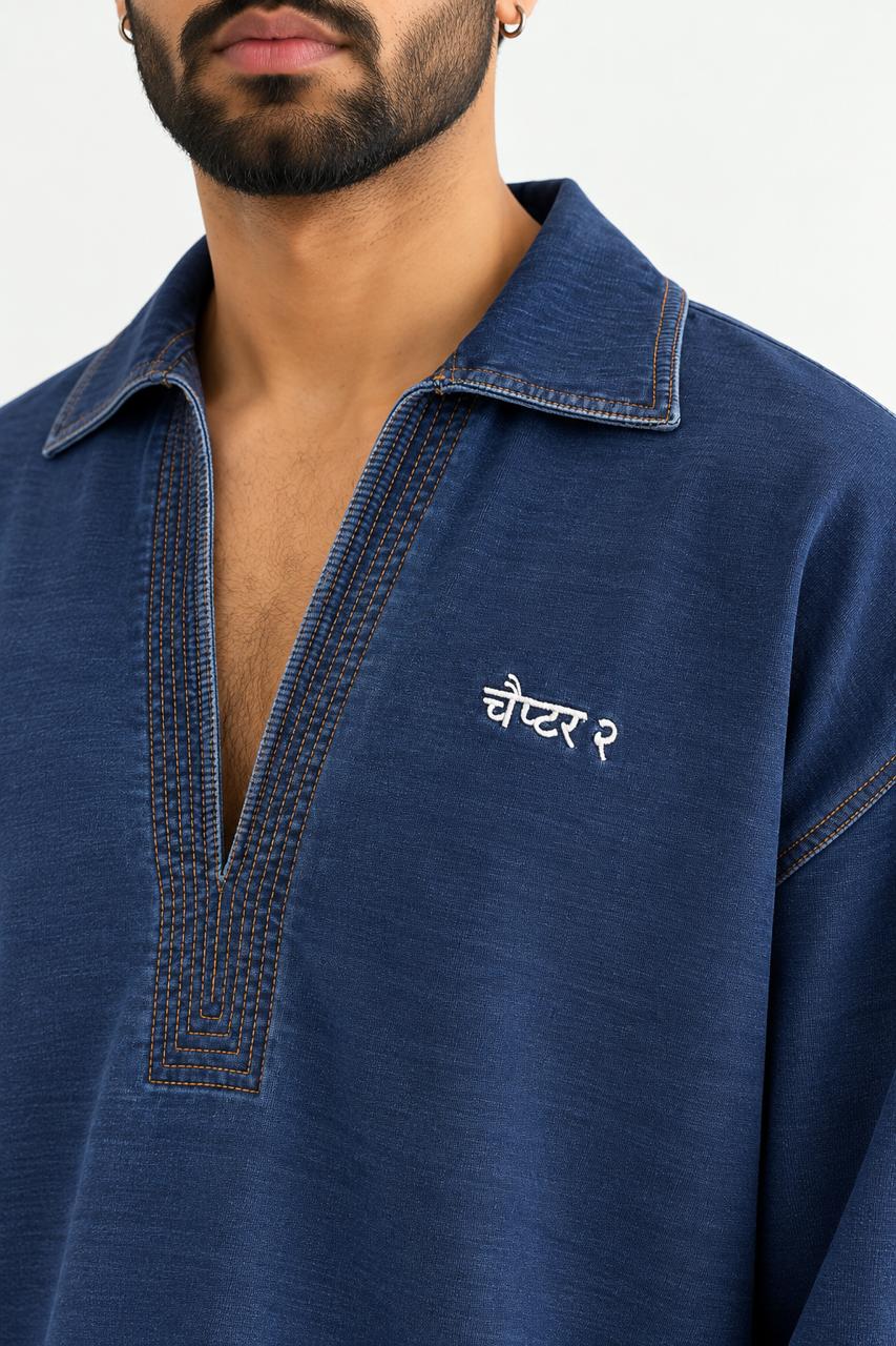Indigo Denim Kurta Set - Neckline detail
