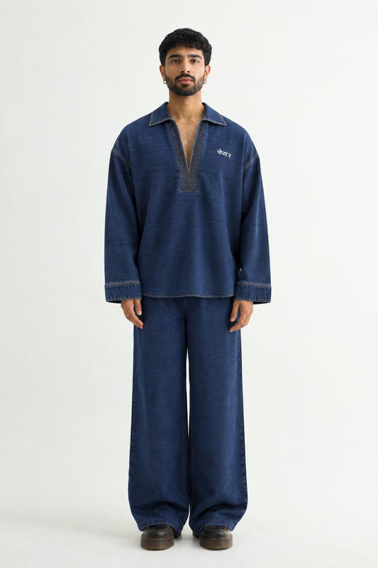 Indigo Denim Kurta Set - Front
