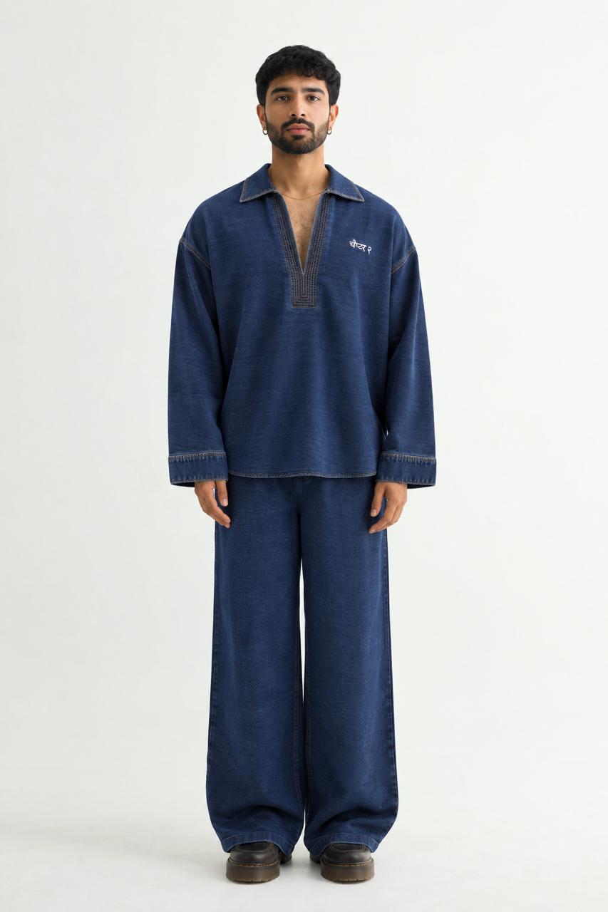 Indigo Denim Kurta Set - Front