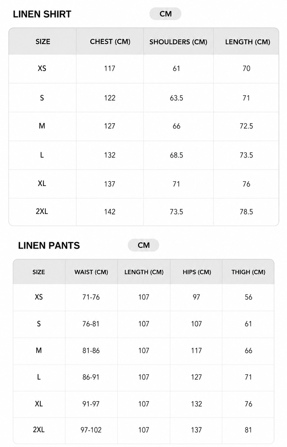 Size chart - CM
