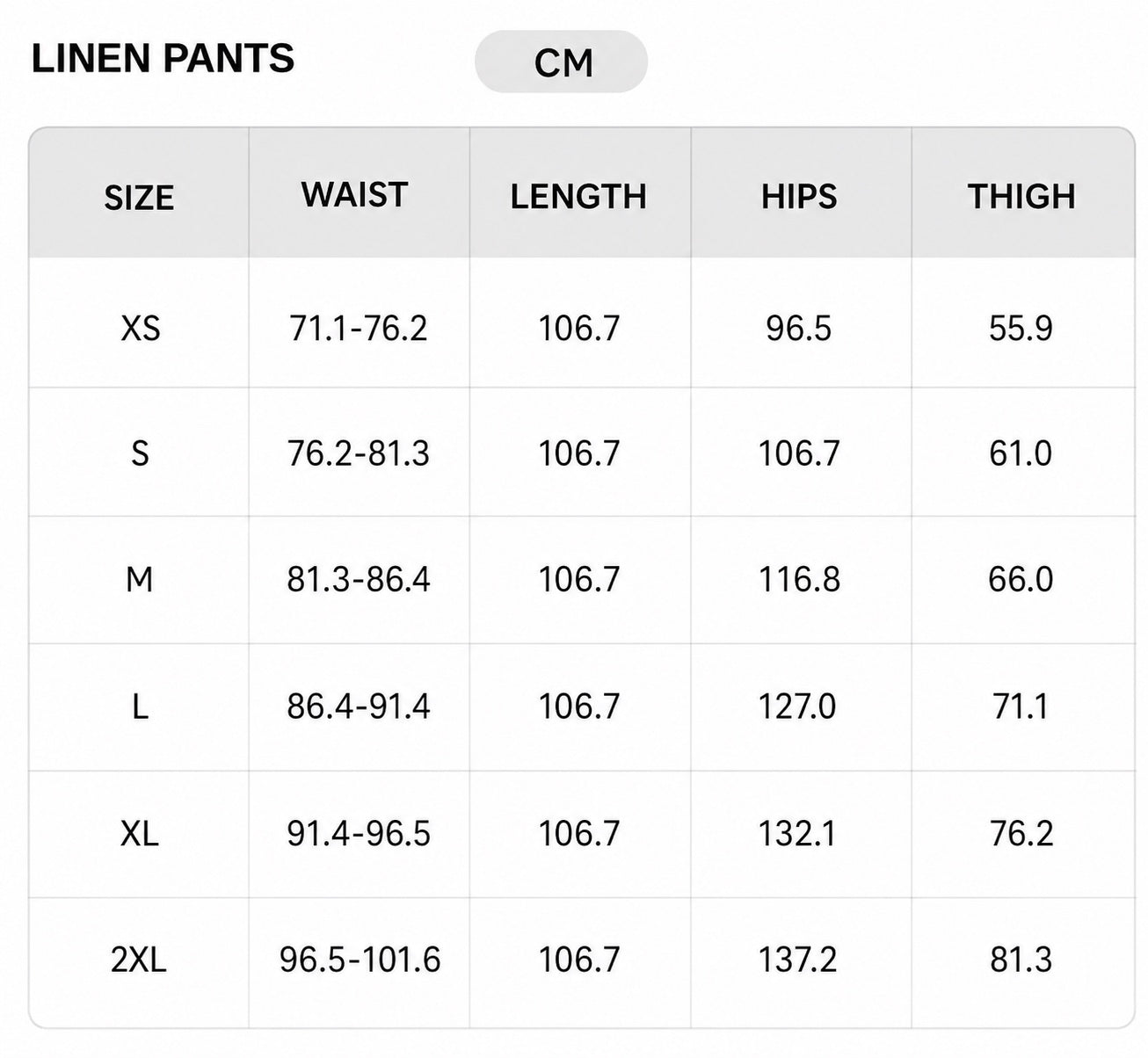 Size chart - CM