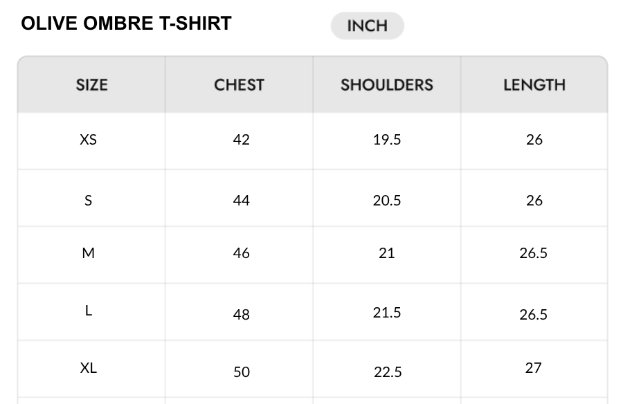 Size chart - INCH