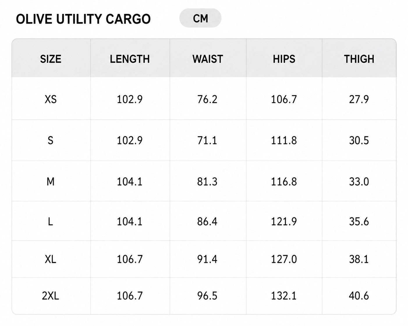 Size chart - CM