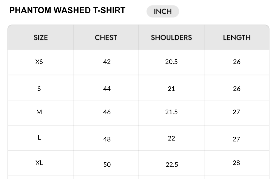 Size chart - INCH