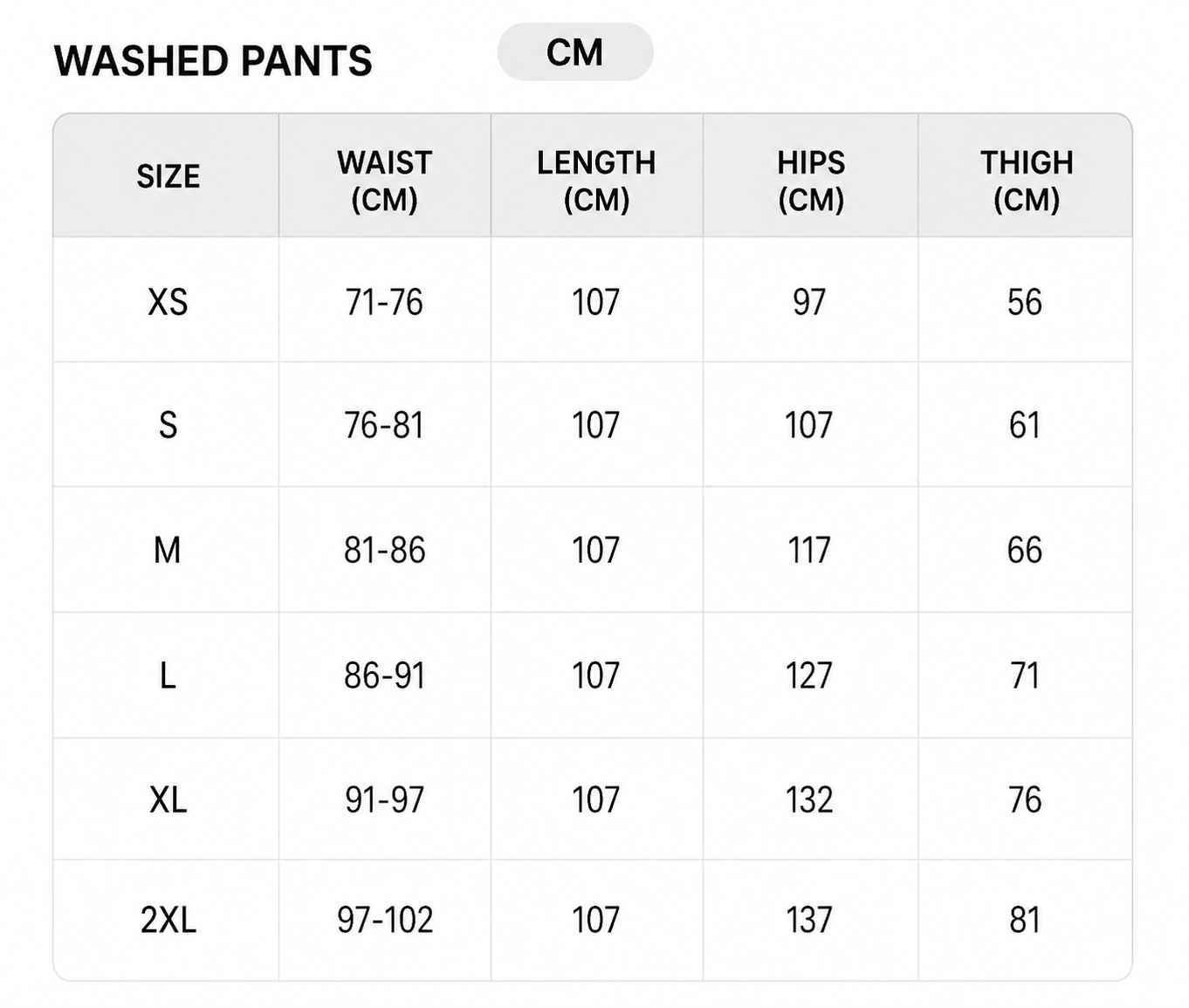 Size chart - CM
