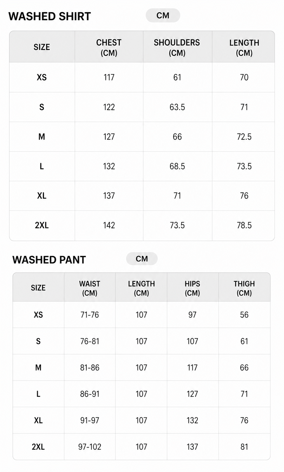 Size chart - CM