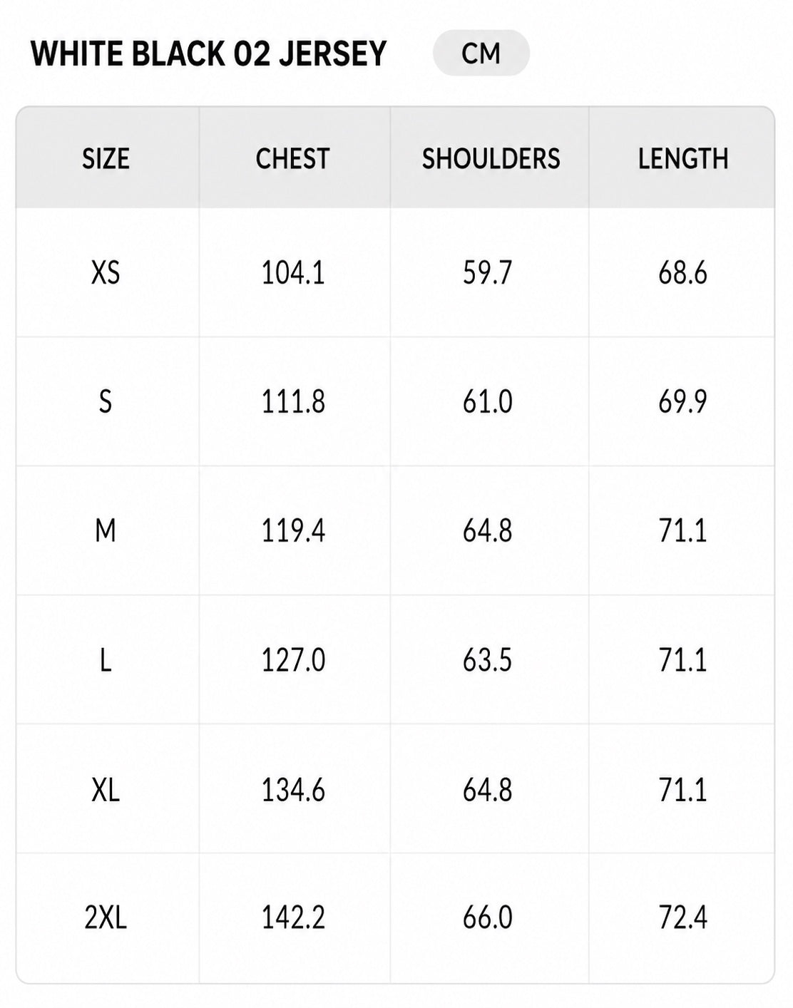 Size chart - CM